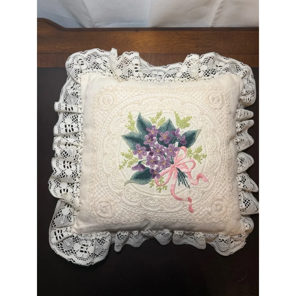 Vintage Embroidered Violet Bouquet Lace Ruffle Throw Pillow Cottage Shabby Chic